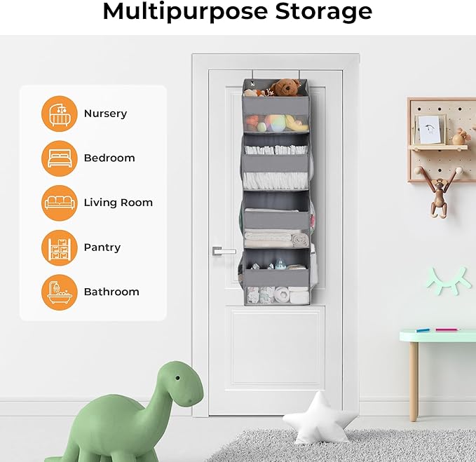 GRANNY SAYS Over The Door Organizer, 4-Shelf Behind The Door Storage with 6 Pockets and Clear Window, Anti Tilt Large Capacity Hanging Organizer Shelves for Baby Room, Nursery, Bathroom, Gray, 1 Pack-NeatNest