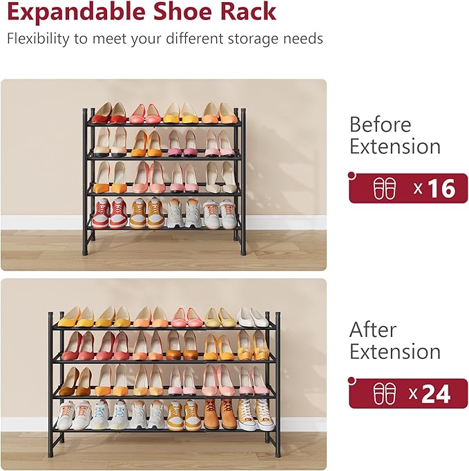 Tajsoon Expandable Shoe Rack for Closet 4 Tier, 29“-41“Adjustable & Stackable Shoe Shelf Storage, Metal Shoe Rack Organizer for Front Door Entrance, Closet, Garage, Entryway, Black-NeatNest