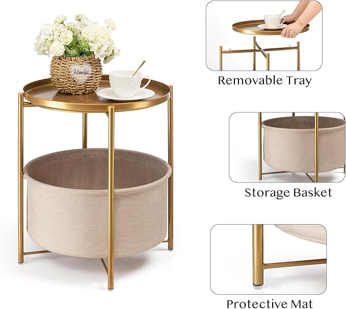 danpinera Round Side Table with Fabric Storage Basket, Metal Side Small Bedside Table Nightstand with Removable Tray Top for Living Room, Bedroom, Nursery, Laundry, Gold-NeatNest