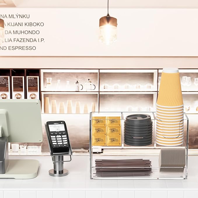 Coffee Condiment and Cup Organizer - 2-Tier Upright Cup and Lid Holder with Straw Organizer 4 Compartments Clear Acrylic Cup Dispenser for Restaurant Breakroom Coffee Station Countertop-NeatNest