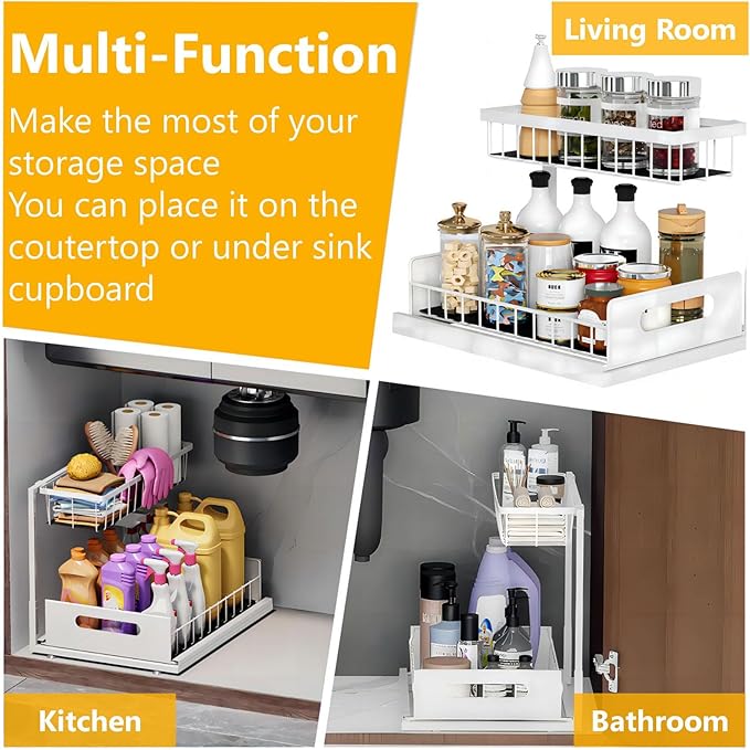 Under Sink Organizers and Storage 2 Tier Slide Out Kitchen Cabinet Organizer Sturdy Metal Bathroom Storage (White, 2 Pack)-NeatNest