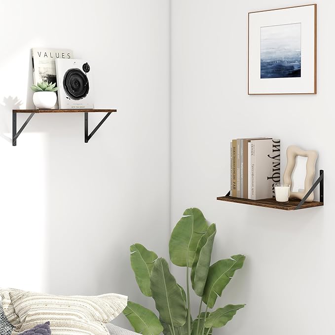 Fun Memories Deep Floating Shelves for Wall, 16W x 8D Wall Mounted Shelves Set of 2, Wide Display Ledge Shelf with Sturdy Metal Brackets for Living Room, Bathroom, Bedroom and Kitchen, Rustic Brown-NeatNest