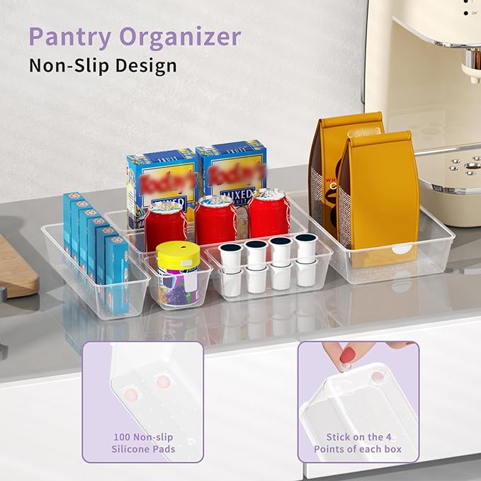 22 PCS Clear Drawer Organizer Set, 4-Size Vanity and Desk Drawer Organizer Trays with Non-Slip Silicone Pads, Plastic Storage Bins for Makeup, Jewelry, Bathroom, Office, Fridge, Kitchen-NeatNest