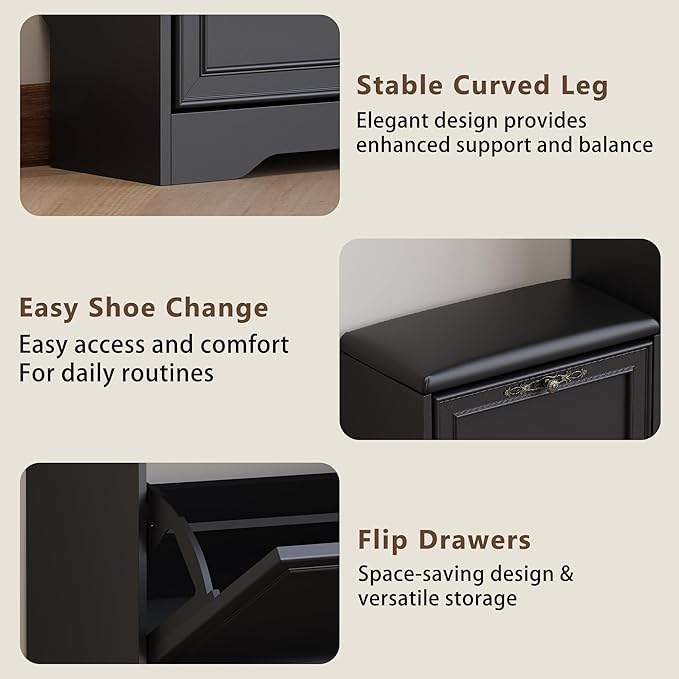 Entryway Shoe Cabinet with Bench, Hidden Storage and Adjustable Shelves, Wooden Shoe Rack and Organizer for Hallway, Mudroom, Closet, Small Apartment