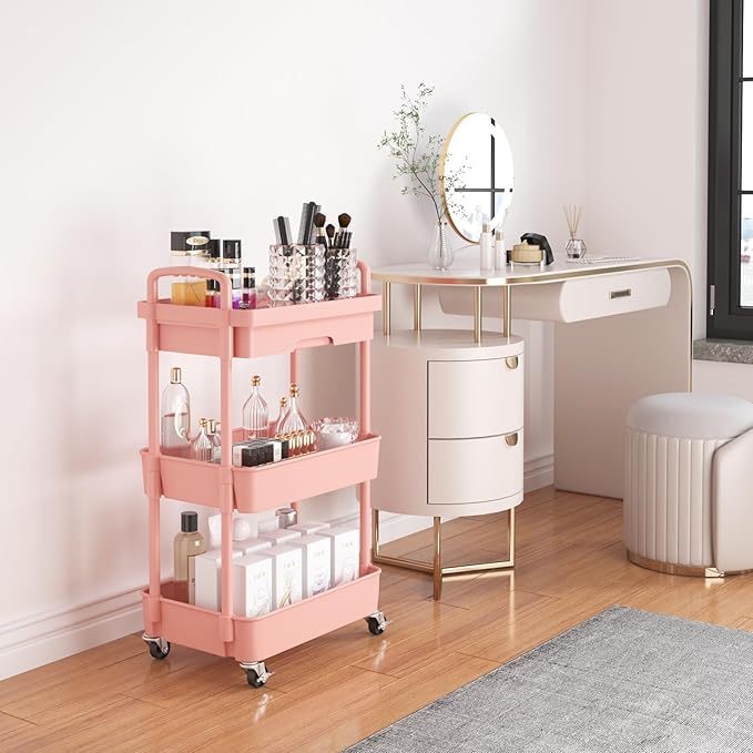 Calmootey 3-Tier Rolling Utility Cart with Drawer,Multifunctional Storage Organizer with Plastic Shelf & Metal Wheel,Storage Cart for Kitchen,Bathroom,Living Room,Office,Pink-NeatNest