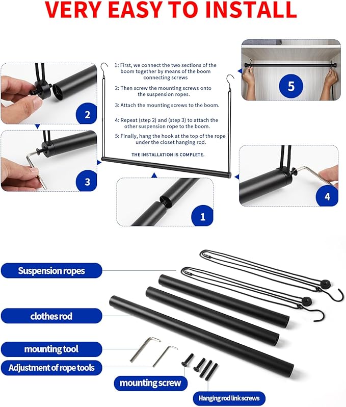 Closet Rods for Hanging Clothes 40'' Black Stepless height adjustment Heavy Duty Closet Rod for Optimize closet storage and organizing space-NeatNest