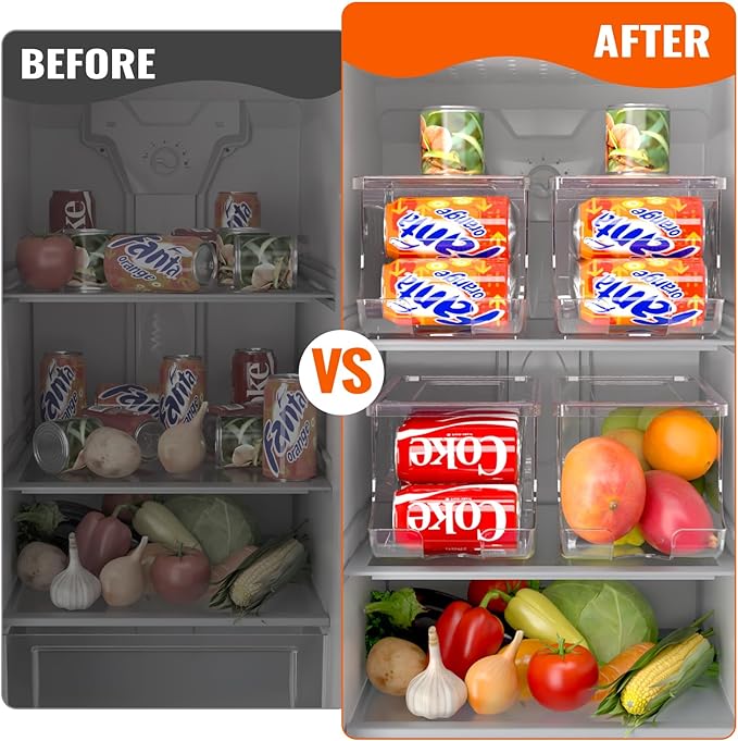 2 Pack Soda Can Organizer for Refrigerator, Stackable Canned Food Pop Cans Container Can Holder Dispenser with Lid for Fridge Rack Freezer, Clear Storage Bins-Holds 12 Cans Each (Clear)