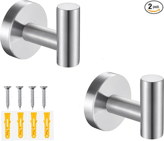 2 Pack Silver Bathroom Towel Hooks Robe Hook Holder Wall Mount Heavy Duty Wall Hooks Coat Hook Closet Door for Bathroom Bedroom Hotel Kitchen Garage Pool