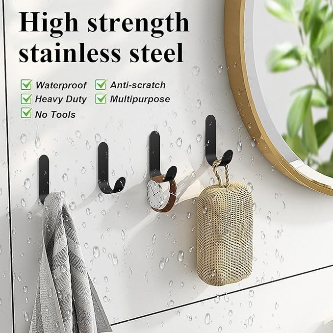Adhesive Towel Hooks, 20 PCS Stainless Steel Self Adhesive Wall Hooks, Black Heavy Duty Shower Hook, Waterproof Oilproof Rustproof for Bathroom, Kitchen, Living Room