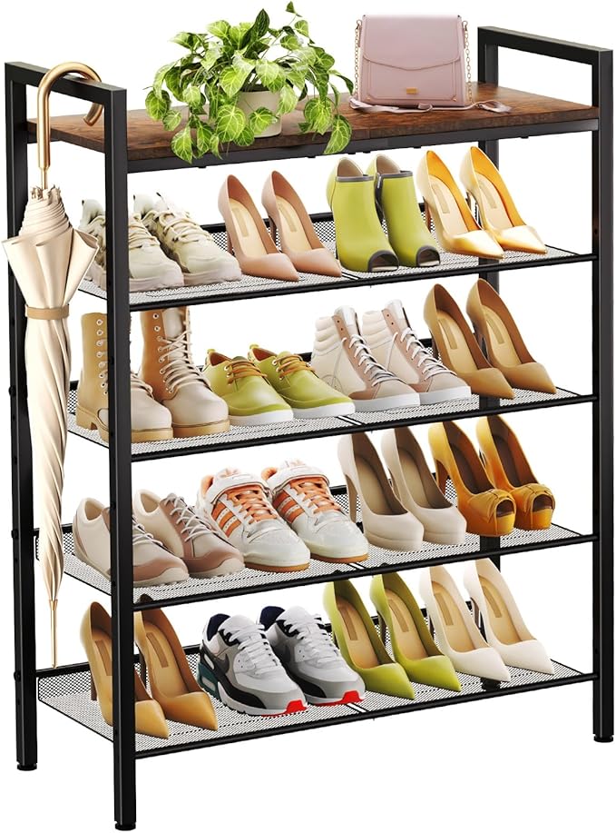 Shoe Rack for Front Door Entrance, 5 Tier Shoe Rack for Entryway, 16-20 Pairs of Shoes, Metal Shoe Rack Organizer, Free Standing Shoe Rack for Closet (Black+Rustic Brown)-NeatNest