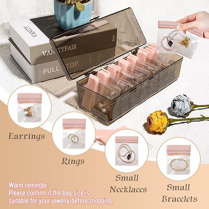 Jewelry Organizer and Storage Box with 24 EVA Anti Tarnish Bags, Travel Acrylic Case for Earrings, Necklaces & Rings, Elegant Gift for Women & Girls (S&Organizer(Clear))-NeatNest