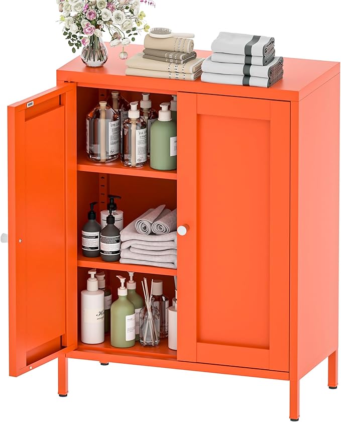 Coffee Bar Cabinet, Metal Sideboard Buffet Cabinet,Metal Storage Cabinet with 2 Doors and Adjustable Shelves for Kitchen Dining Room Living Room, Entryway,Office (Orange, 31.5" H)-NeatNest