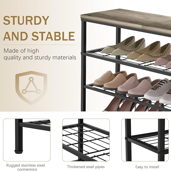 4-Tier Metal Shoe Rack with Wood Top - Durable & Space-Saving Shoe Organizer,Industrial Shoe Organizer Shelf Bench Storagefor Closet Entryway, Bedroom & Hallway - Gray + Black 28.5 W × 25.5" H-NeatNest