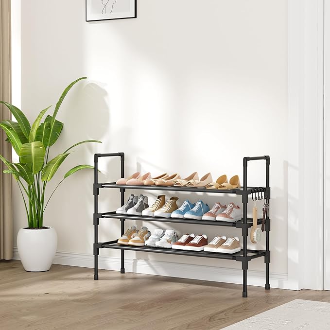 3 Tier Shoe Rack, Shoe Organizer Storage for 16-20 Pair Boot and Sneaker, Stackable Free Standing Shoe Shelf with Hooks and Side Pocket, Space Saving Shoes Rack for Closet, Entryway-NeatNest