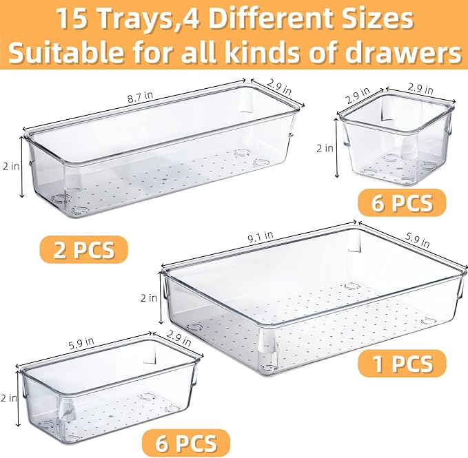 Drawer Organizer, Makeup Organizer, Desk Drawer Organizer, Acrylic Storage Bins for Makeup, Skincare, Jewelry, Office Supplies Used in Vanity, Kitchen, Bedroom, Bathroom, Office - 15pcs-NeatNest
