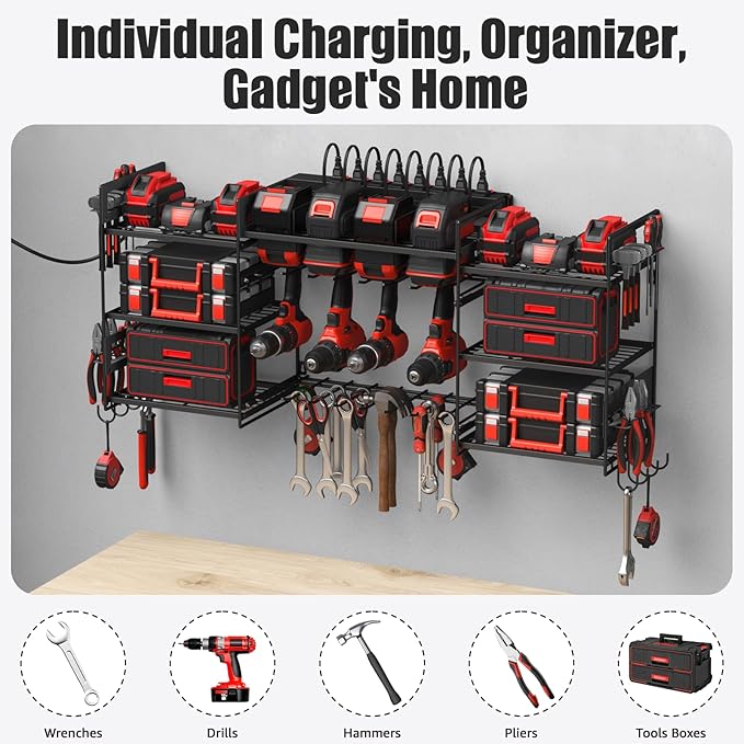 CCCEI Black Power Tool Organizer Wall Mount, Large Tools and Battery Storage Rack Charging Station Individual Switches. Drills Holder, Garage Utility Shelves with 6FT Power Strip. Gift for Men.-NeatNest