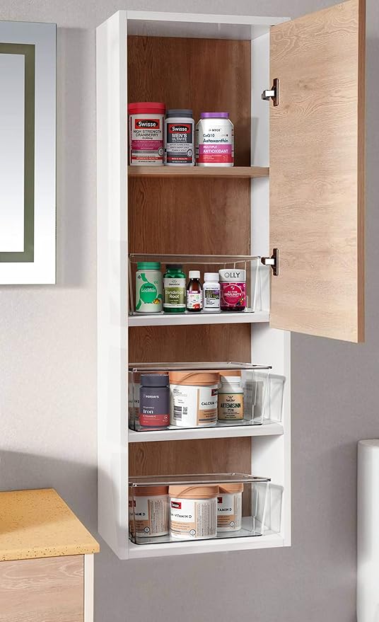 Hudgan Clear Plastic Storage Organizer Bins with Acrylic Lids for Home Office, Kitchen, Cupboard, Pantry Shelves, Medicine Cabinet, Craft Rooms - 4.5-Inches Tall - 4 Pack-NeatNest