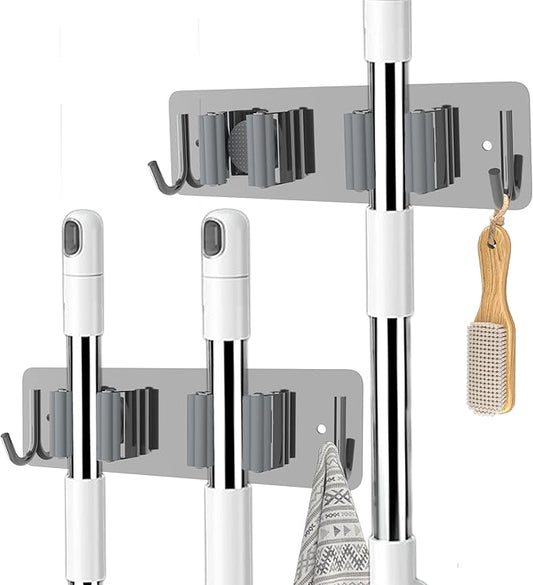 Broom and Mop Holder Wall Mounted, Heavy-Duty Stainless Steel Storage Rack with 2 Racks & 2 Hooks,Broom Organizer for Kitchen,Bathroom,Garage,Garden（SILVER