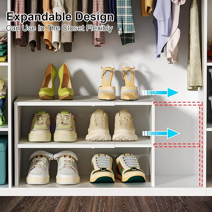 2 Pack White Shoe Rack for Closet, 2-Tier Expandable Small Shoe Shelf, Stackable Iron Wood Combination Shoe Organizer Racks Shelves for Closets, Entryway, Hallway, Garage, Holds 15-24 Pairs-NeatNest