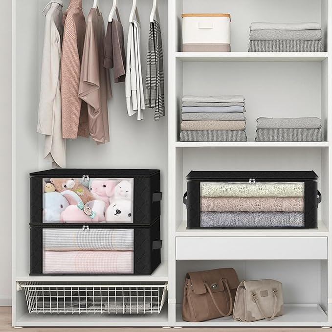 HomeHacks Storage 3-Pack Clothes Organizer Storage Bags Foldable Storage Box with Large Clear Window Sturdy Handles for Closet, Dorm, Pillows, Bedding, Clothes, Blankets, 35L, Black-NeatNest