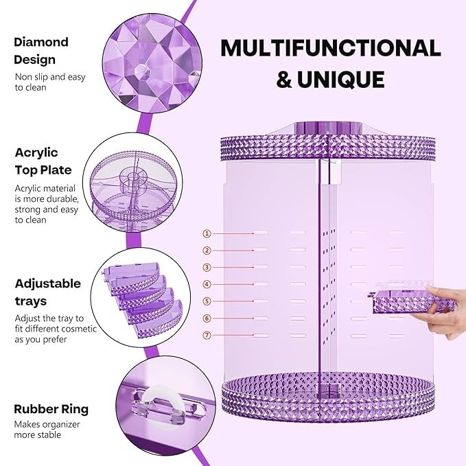 360 Degree Rotating Makeup Organizer, Extra Large Capacity Cosmetics Organizer, Removable 7 Layers Skincare Organizers, Spinning Perfume Organizer, Dresser Organizer Countertop (Purple)-NeatNest