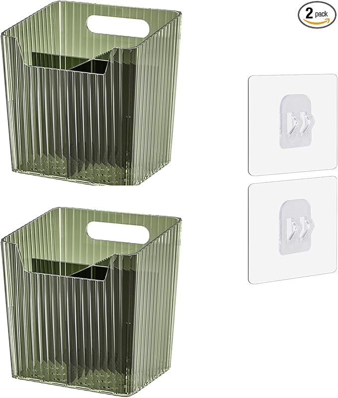 Set Of 2 Storage Organizer Bins Wall Mounted Shower Caddy, Bathroom shelves Stackable Clear Plastic Toothbrush Holder Adhesive Hanging Bin for Bathroom, Kitchen, Cabinet, Shower BPA Free Small (Green)-NeatNest