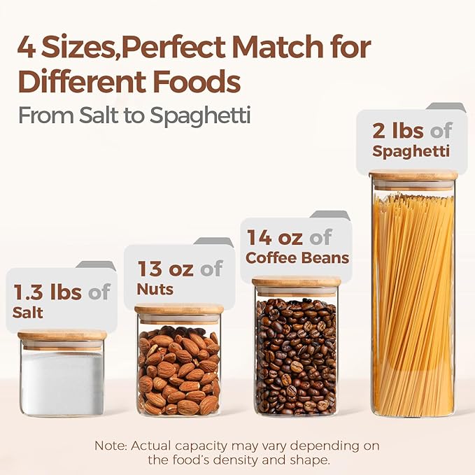 ComSaf Food Storage Containers with Airtight Lids Set of 6, Clear Glass Canister Food Jar with Sealing Lid Kitchen Pantry Storage Container for Spaghetti Pasta Sugar Flour Oat Cereal Beans, Square-NeatNest