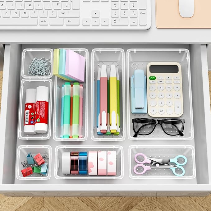 12 PCS Drawer Organizer Set, 4 Sizes Storage Drawer Units, Clear Plastic Makeup Vanity Organizer and Storage Bins for Makeup, Stationeries, Multiple Gadgets for Bathroom, Office, Bedroom-NeatNest