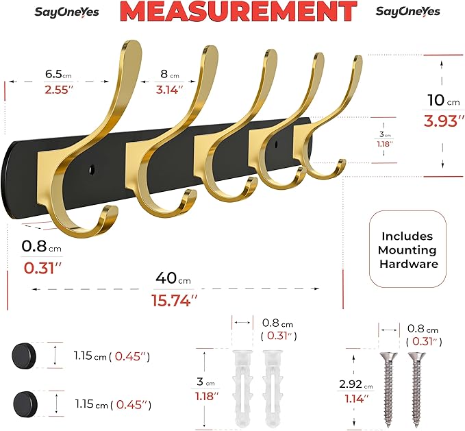 Black and Gold Coat Rack Wall Mounted - 16 Inch Heavy Duty Stainless Steel Matte Finish Wall Hook Rack - 5 Double Coat Hooks for Hanging Towels, Bags, Hat - Bathroom Entryway - 2 Pack-NeatNest