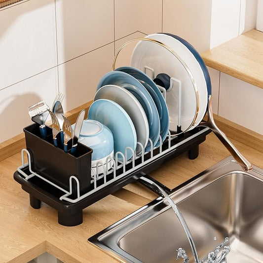 VUSIGN Dish Drying Rack with Drainboard, Dish Rack, Dish Drainers for Kitchen Counter Extendable Spout Strainers with Removable Utensil Holder, Adjustable Pot Rack, Black