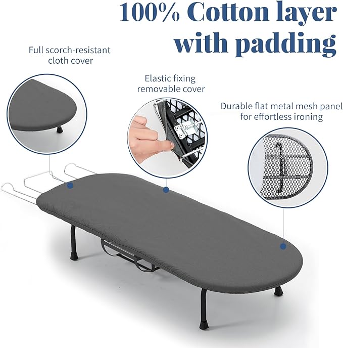 Tabletop Ironing Board with Iron Holder, RAINHOL Small Folding Ironing Board with Cover and Pad, Portable Compact Mini Iron Table for Home & Travel, Black