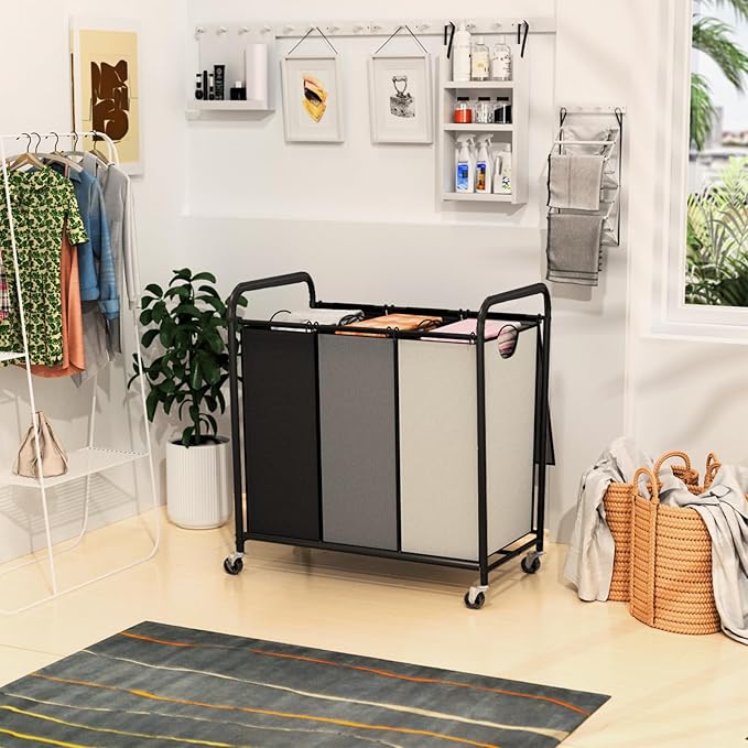 180L (47.55 Gal) Laundry Sorter 3 Section, Rolling Laundry Basket with Lockable Wheels and Lid, Laundry Hamper with 3 Separated Removable Bags Dirty Clothes Hamper for Laundry Room, Multicolor-NeatNest