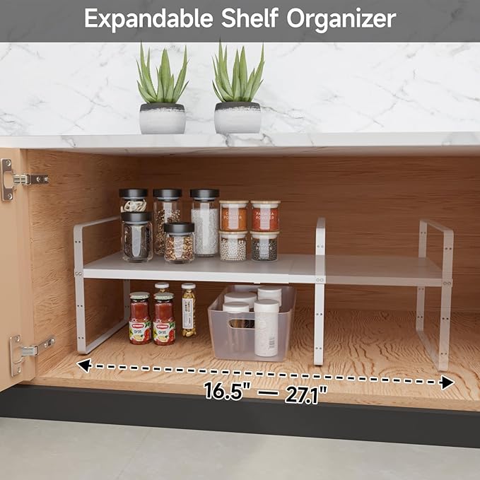 16.5-27’’L Expandable Cabinet Countertop Shelf Organizer, Stackable Metal Shelves, Kitchen Organizers and Storage, White Storage Spice Rack for Pantry and Cupboard-NeatNest