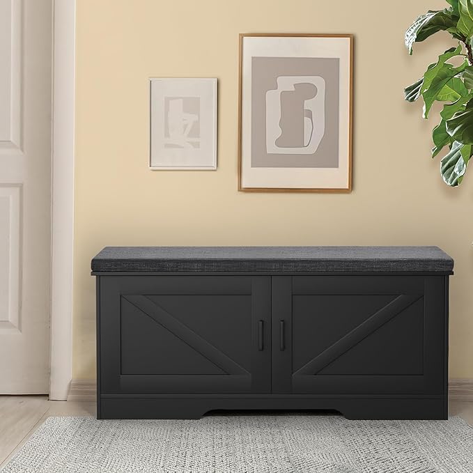 2-Tier Storage Bench, Shoe Bench with Padded Seat Cushion, Entryway Bench with 2 Barn Doors, Adjustable Shelf, 13.8" D x 39.4" W x 17.7" H, for Entryway, Living Room, Bedroom, Black-NeatNest
