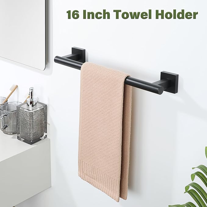 Alise Bathroom Towel Bar, 16 Inch Towel Racks for Bathroom, SUS304 Stainless Steel Towel Holder Heavy Duty Wall Mounted Towel Rack Matte Black Towel Bar