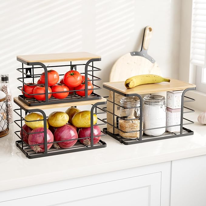 3 Pack Stackable Pantry Organizer,Stainless Steel Trash Bag Holder Dispenser,Kitchen Storage Organization for Kitchen Counter Sink,Laundry Room,Pantry, Black-NeatNest