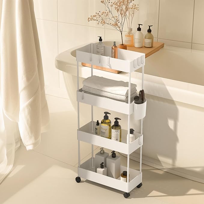 Pipishell Slim Storage Cart with Wheels, 4 Tier Bathroom Storage Organizer Rolling Utility Cart for Bathroom Kitchen Laundry Room Office Narrow Place (White)-NeatNest