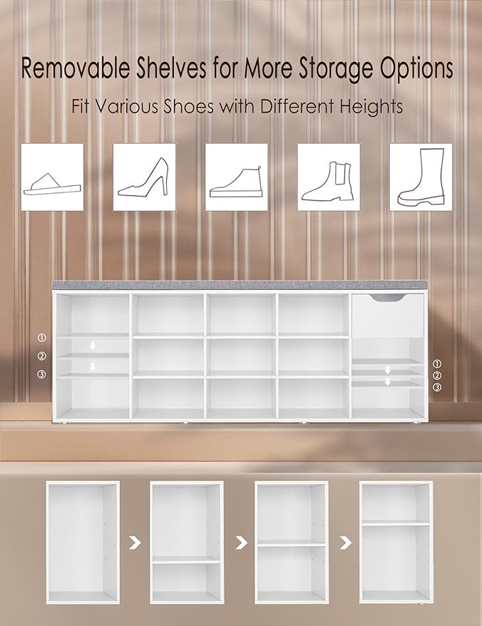 DINZI LVJ Shoe Bench, Entryway Storage Bench with Drawer and 14 Cubbies, Long Cubby Shoe Rack with Adjustable Shelves, Organizer for Living Room, Bedroom, Mudroom, Garage, White-NeatNest