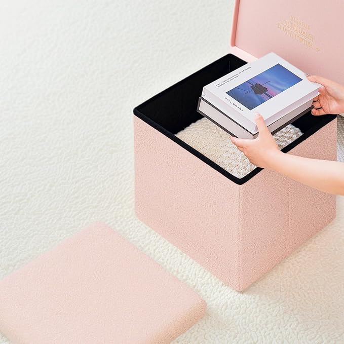 Folding Storage Ottoman Cube - Small Footrest with Sherpa Top, Multi-Functional Storage for Bedroom, Living Room-Pink