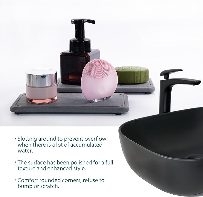 2 Pcs Water Absorbing Stone Trays, Kitchen/Bathroom Sink Soap Dish, Diatomite Tray Used for Hand Soap & Cosmetic Bottles in The Modern Home, 4" W x 8.3" L, Dark Gray-NeatNest