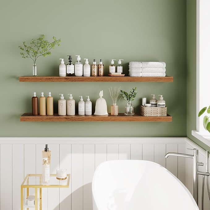 HOOBRO Floating Shelves for Wall, Wall Mounted Shelf Set of 2, 55" Hanging Shelf with Invisible Brackets, for Wall in Bathroom, Bedroom, Toilet, Kitchen, Living Room, Office, Rustic Brown BF140BJP201-NeatNest
