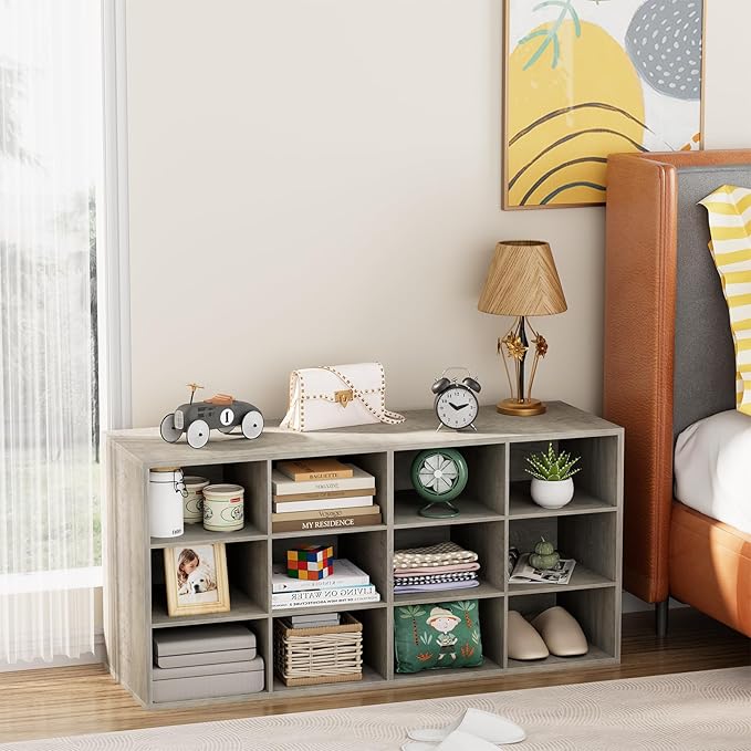 Garden 4 you Shoe Storage Bench, Cubby Shoe Rack with 12 Cubbies, 3-Tier Wood Shoe Rack Organizer, Shoe Organizer Cabinet for Entryway, Hallway, Closet and Garage, Grey-NeatNest