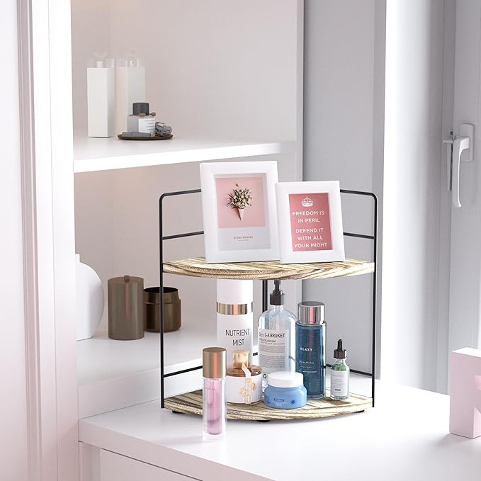 ZGO 2-Tier Bathroom Counter Organizer, Corner and Makeup Organizer for Vanity and Kitchen Counter, Wood-NeatNest