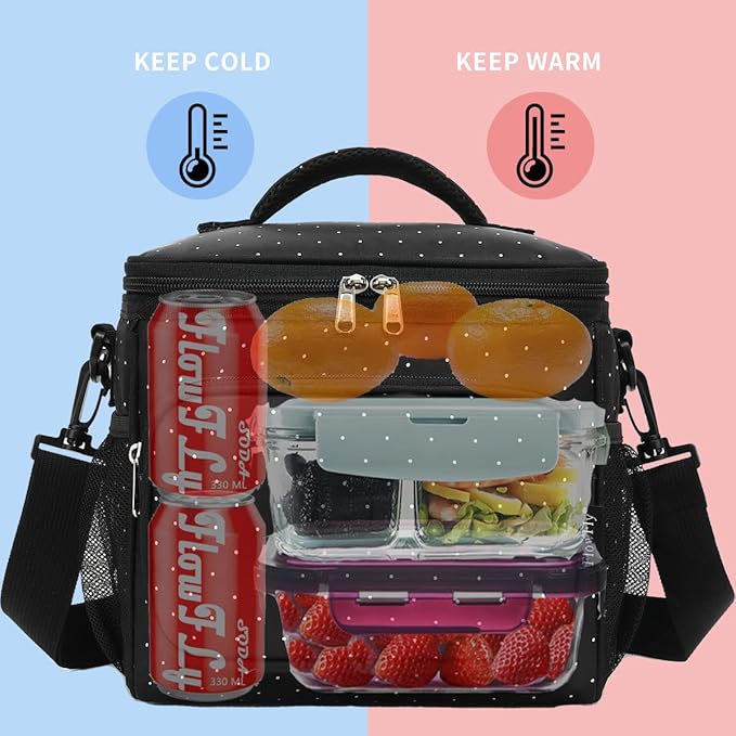 FlowFly Insulated Reusable Lunch Bag Adult Large Lunch Box for Women and Men with Adjustable Shoulder Strap,Front Zipper Pocket and Dual Large Mesh Side Pockets,Dot-NeatNest
