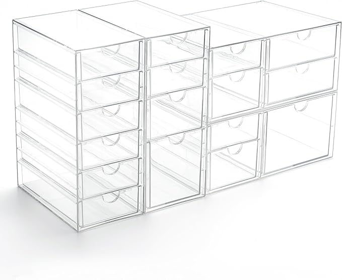 Prsildan Acrylic Drawer Organizer with 17 Drawers, Craft Office Desk Makeup Organizers Accessories, Set of 4 Clear Stackable Storage Drawers for Vanity, Countertop, Jewelry, Art Supply Organization-NeatNest