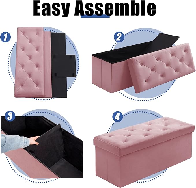 BRIAN & DANY 43 Inches Folding Storage Ottoman Bench, Velvet Ottoman with Storage for Living Room, Long Shoes Bench,Flannelette Footrest Benches Seat (Hot Pink)-NeatNest