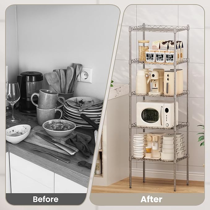 5 Tier Shelves, 16.9"x 13"x 53.9" Utility Rack Shelf, Metal Storage Shelving, Adjustable Wire Shelving Units, Heavy Duty Storage Organizer for Garage Laundry Office, Silver