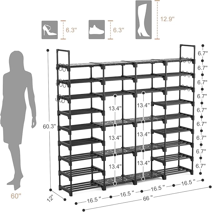 ROJASOP Large Shoe Rack Organizer for Entryway Closet 64-68 Pairs 9-Tier Heavy Duty Tall Garage Shoe Rack Shoe Shelf Shoes Storage with 18 Pcs Removable Side Hooks for Bedroom and Garage Black-NeatNest