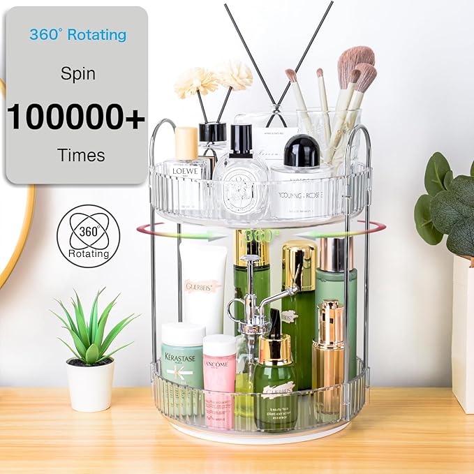 360 Rotating Makeup Organizer, 2 Tier Lazy Susan Bathroom Organizer, Easy to Install, Ideal Storage for Perfume, Skincare, Cosmetic, Dresser or Vanity Countertop (Silver Clear, 2 Tier)-NeatNest