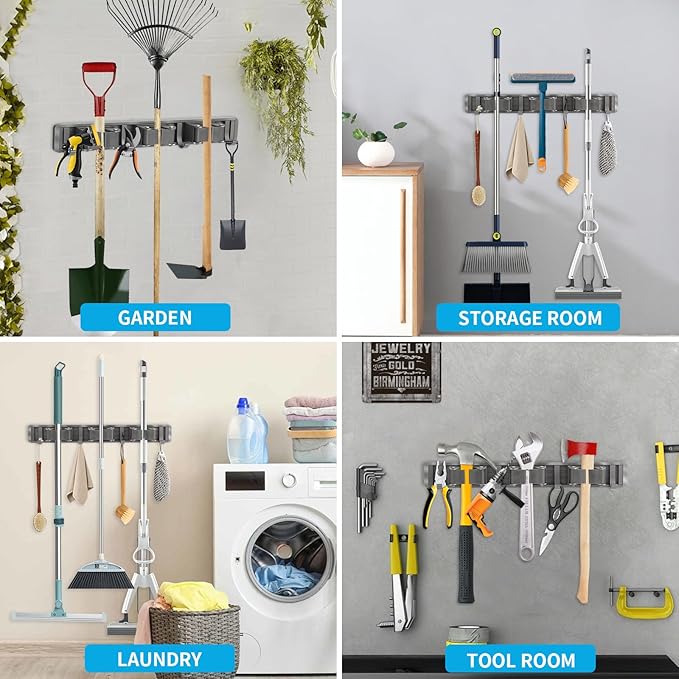 Broom Holder Wall Mount, Aluminum Mop and Broom Holder Hanger with 3 Racks and 4 Hooks, Mop Holder for Laundry Garage Tool Organization-NeatNest